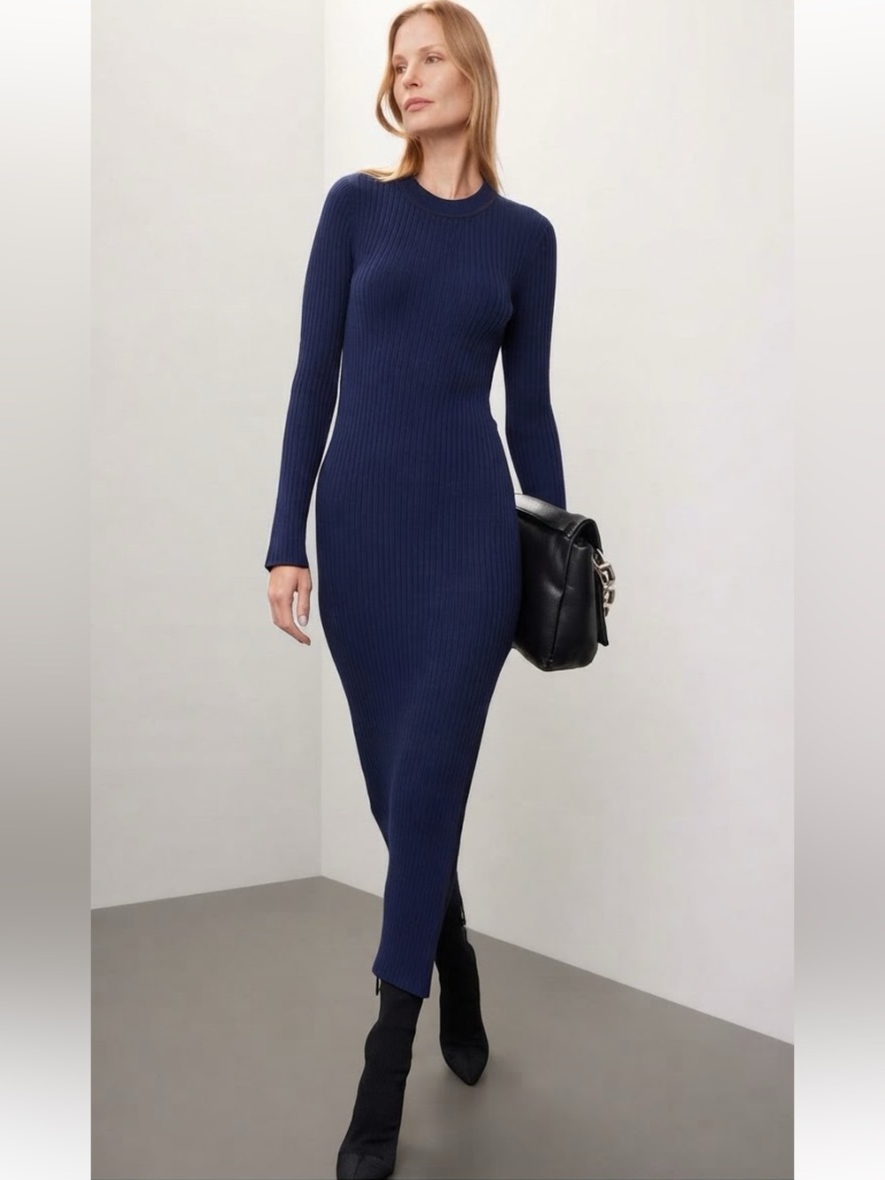 NWT J.Crew Ribbed Knit Mockneck Midi Maxi Sweater Dress Navy Blue Small S